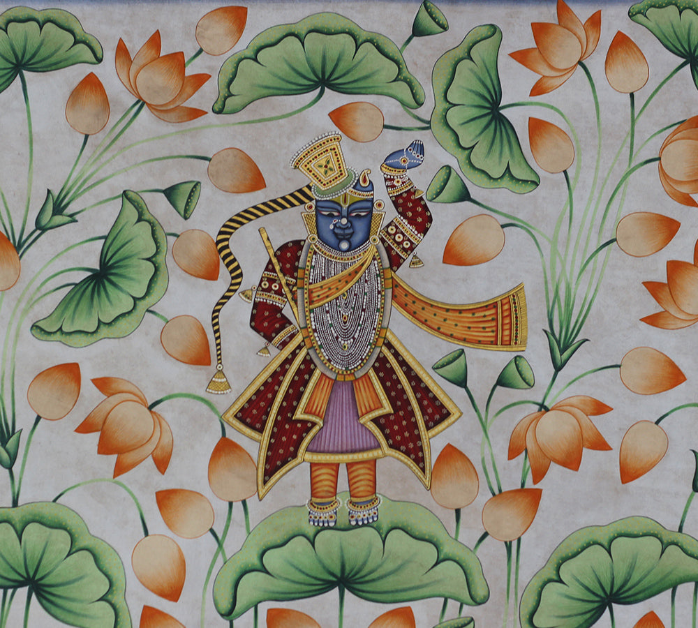 Shrinathji in Lotus Garden Hand Painted Pichwai Painting