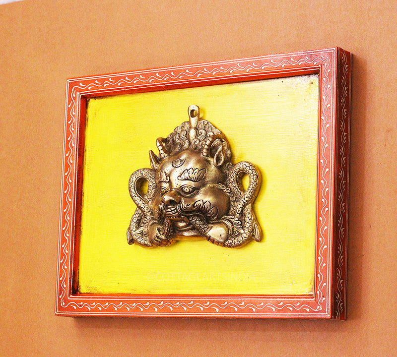 Brass Bhairav Wall Mask Wooden Frame