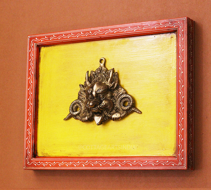Brass Bhairav Wall Mask Wooden Frame