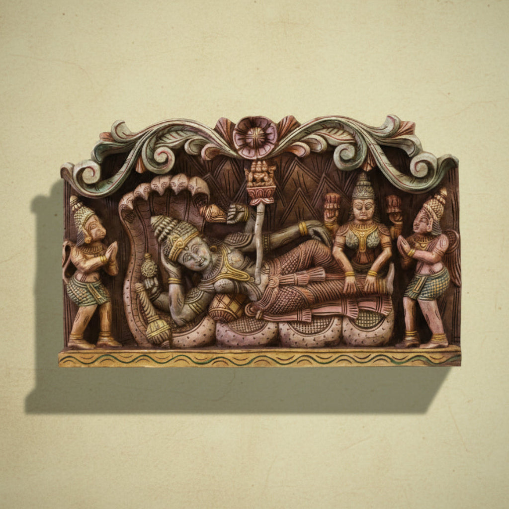 Wooden Hand Carved Wall Panel Vishnu - Laxmi With Hanuman and Garuda
