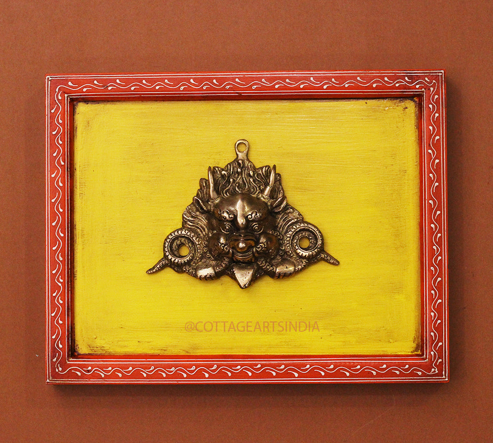 Brass Bhairav Wall Mask Wooden Frame