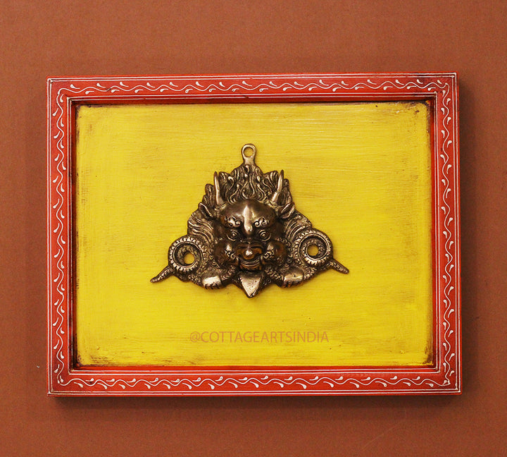 Brass Bhairav Wall Mask Wooden Frame