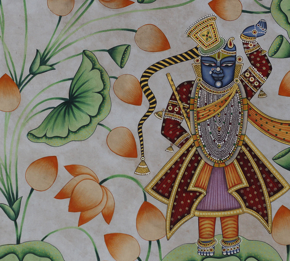 Shrinathji in Lotus Garden Hand Painted Pichwai Painting