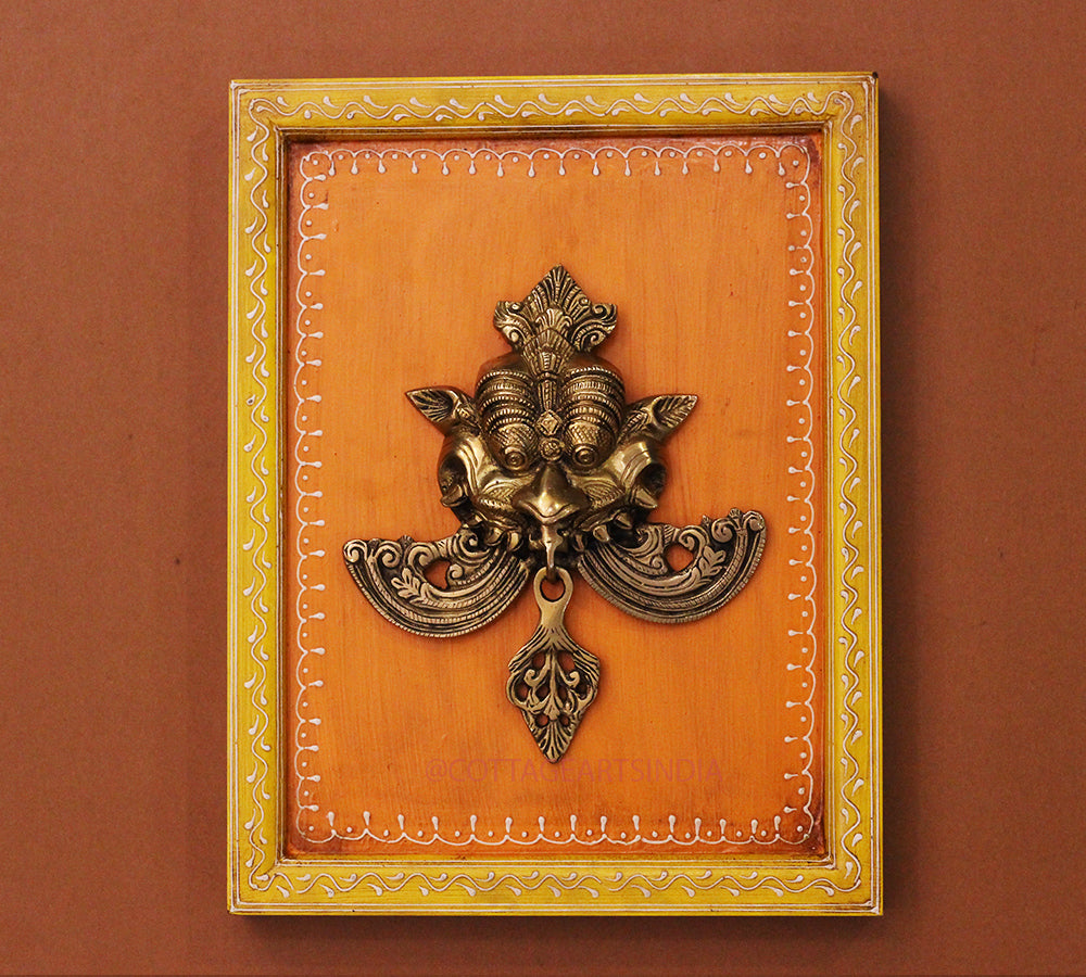 Brass Kirti Mukha Wall Mask Wooden Frame