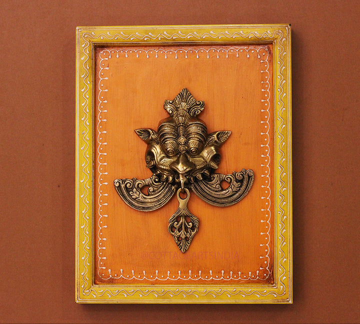 Brass Kirti Mukha Wall Mask Wooden Frame