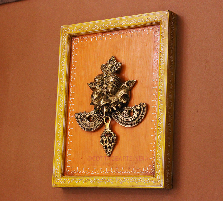 Brass Kirti Mukha Wall Mask Wooden Frame