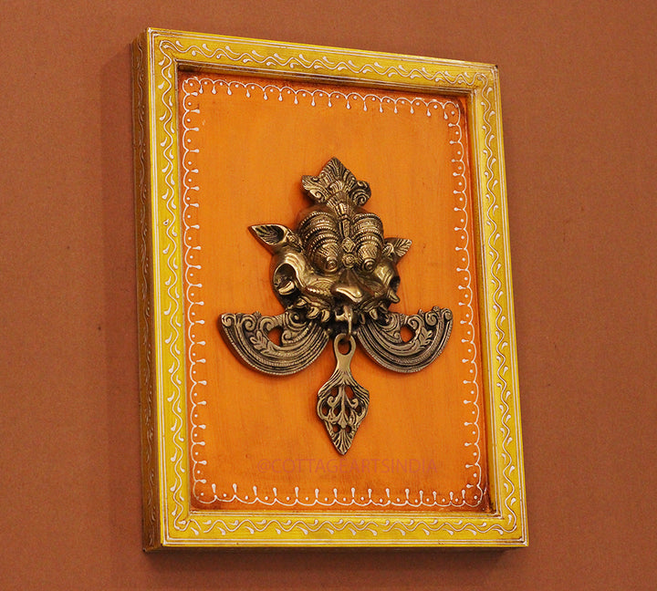 Brass Kirti Mukha Wall Mask Wooden Frame