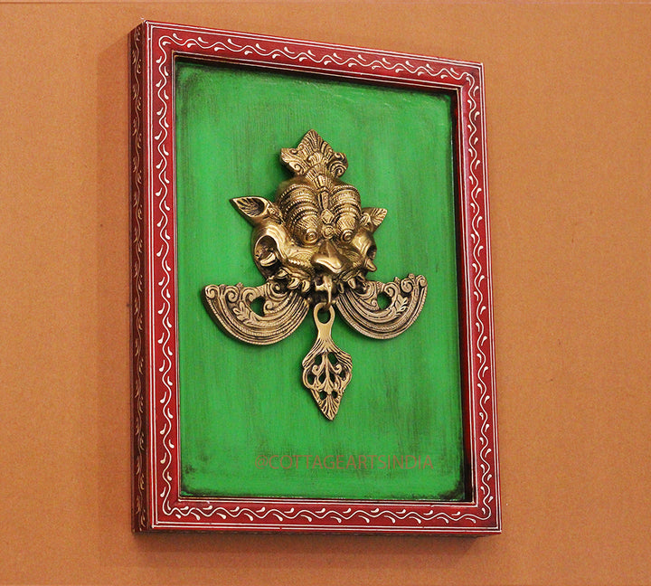 Brass Kirti Mukha Wall Mask Wooden Frame