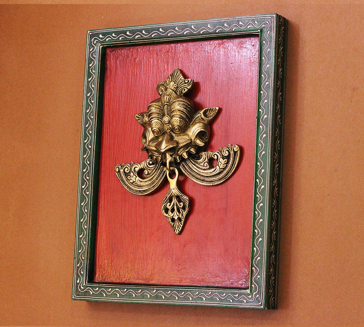 Brass Kirti Mukha Wall Mask Wooden Frame