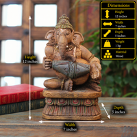 Handcrafted Sitting Wooden Ganesha Playing  Mridangam