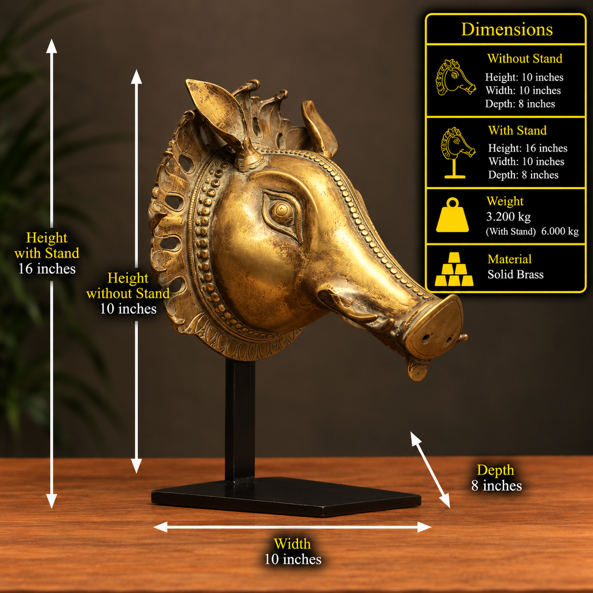 Brass Vintage Finish Varaha Mask on Stand