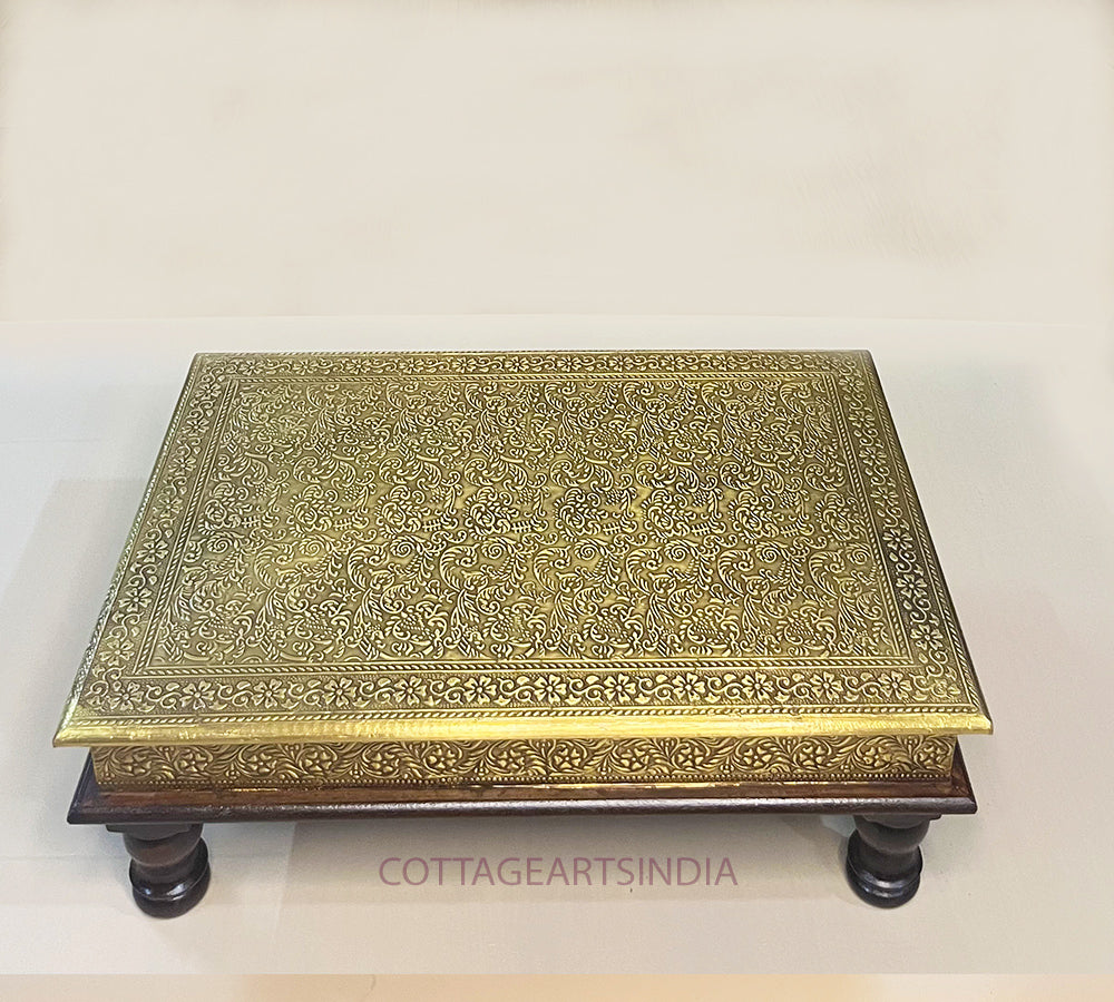 Wood/Brass Chowki Table Set of 2