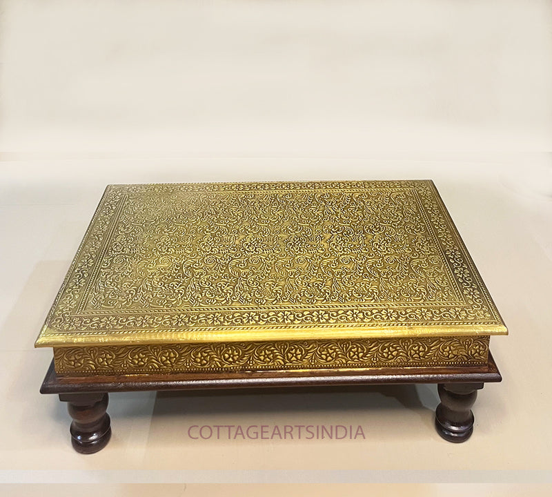 Wood/Brass Chowki Table Set of 2