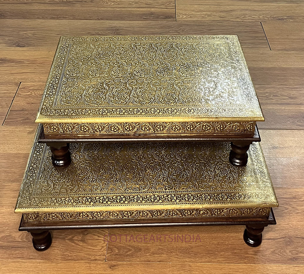 Wood/Brass Chowki Table Set of 2