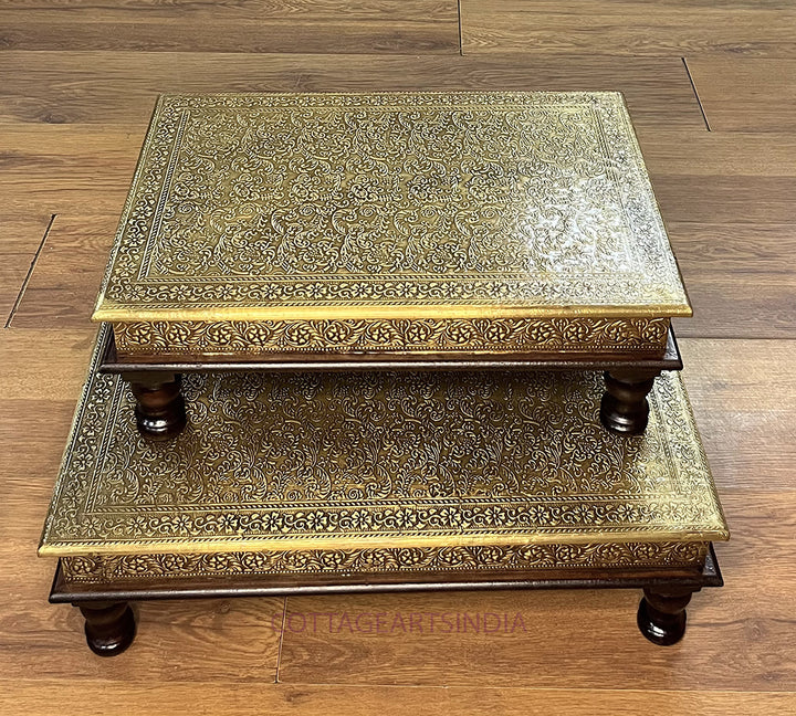 Wood/Brass Chowki Table Set of 2