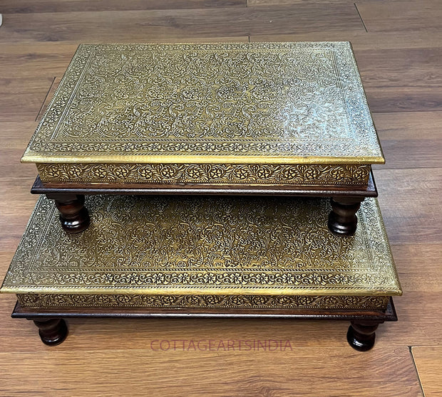 Wood/Brass Chowki Table Set of 2