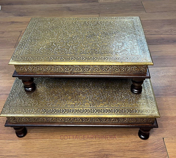 Wood/Brass Chowki Table Set of 2