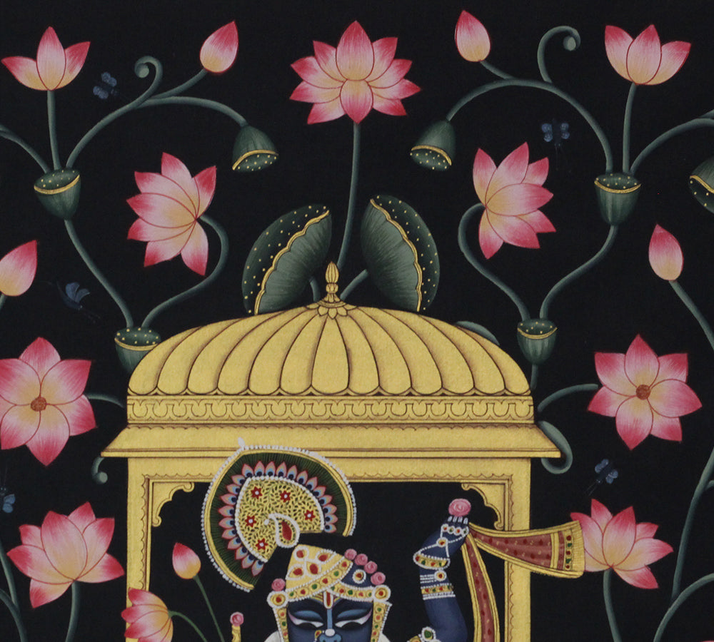 Shrinathji Lotus Pavilion Hand Painted Pichwai Painting | Gold Foil Nathdwara Art