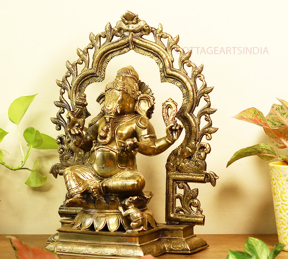 Brass Ganesh -Laxmi SuperFine With  Prabhawali 16"