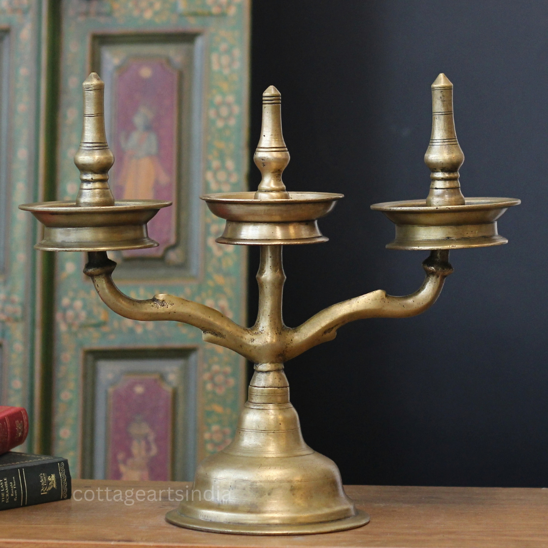 Brass Vintage Kavara Vilakku – 3 Branched Traditional Oil Lamp