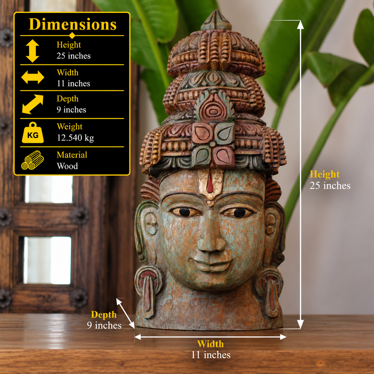Handcrafted 25" Wooden Lord Vishnu Head Sculpture  – Vintage Antique Finish