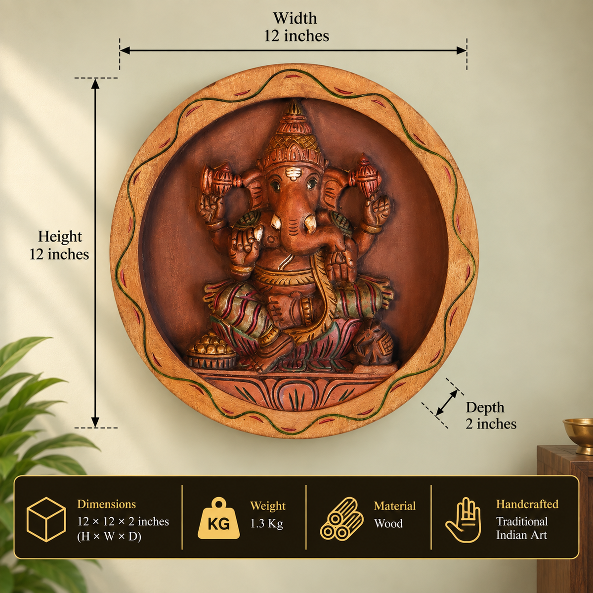 Wooden Painted  Ganesh in Round Frame Wall Hanging