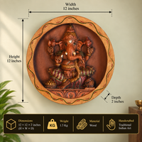 Wooden Painted  Ganesh in Round Frame Wall Hanging