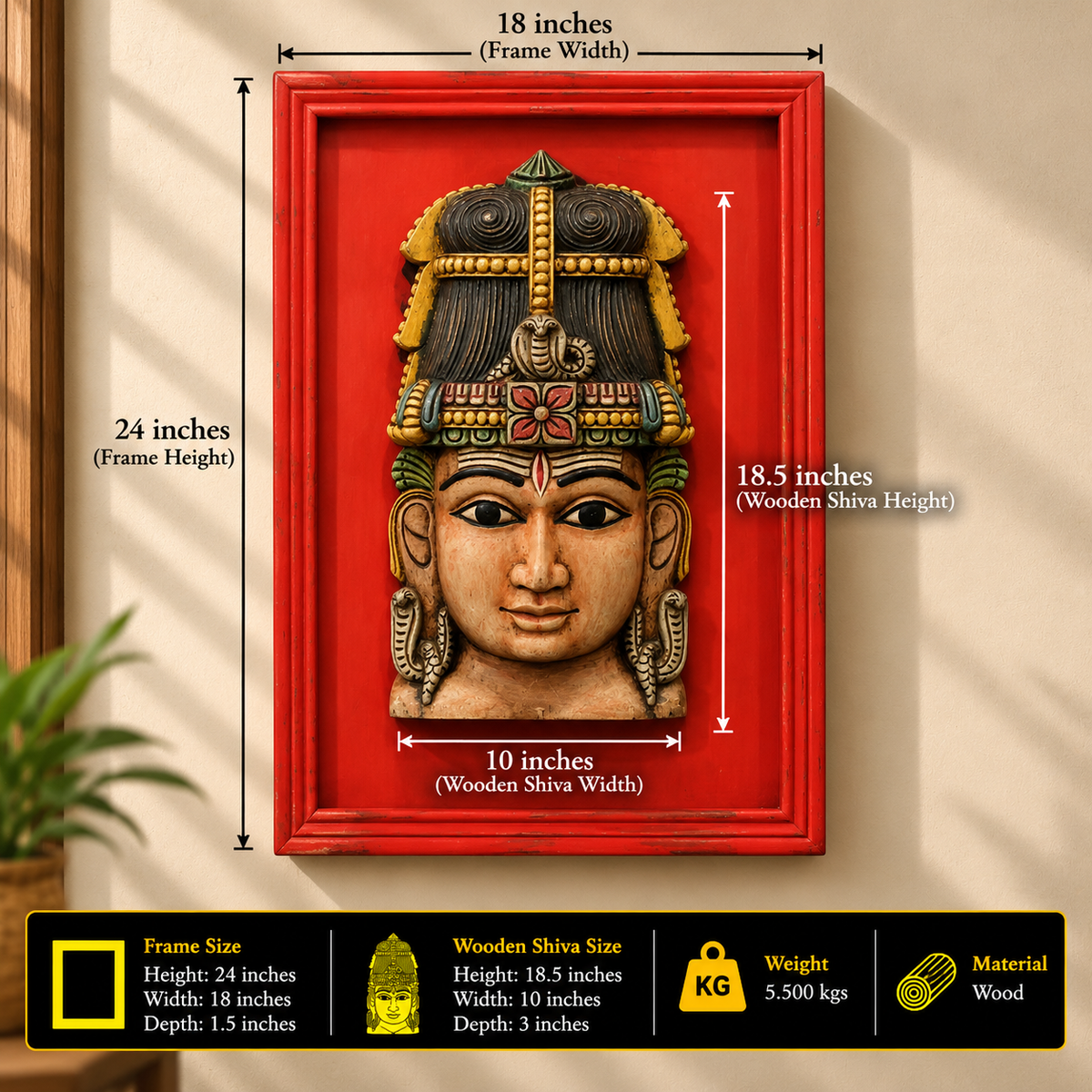 Wooden Shiva Mask in Handmade Wooden Frame