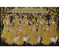 Hand Painted Gopi Seva Pichwai Painting | Gold Foil Nathdwara Art