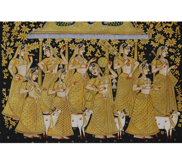 Hand Painted Gopi Seva Pichwai Painting | Gold Foil Nathdwara Art