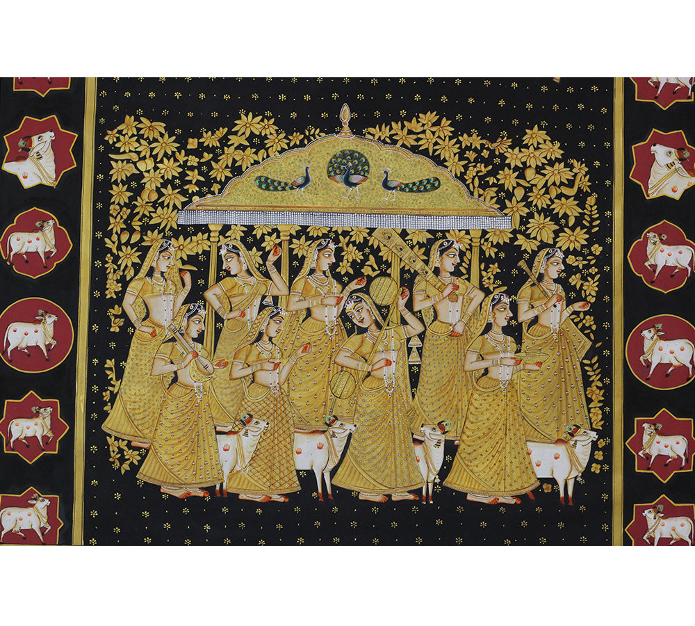 Hand Painted Gopi Seva Pichwai Painting | Gold Foil Nathdwara Art