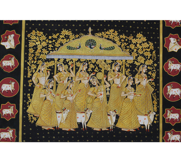 Hand Painted Gopi Seva Pichwai Painting | Gold Foil Nathdwara Art