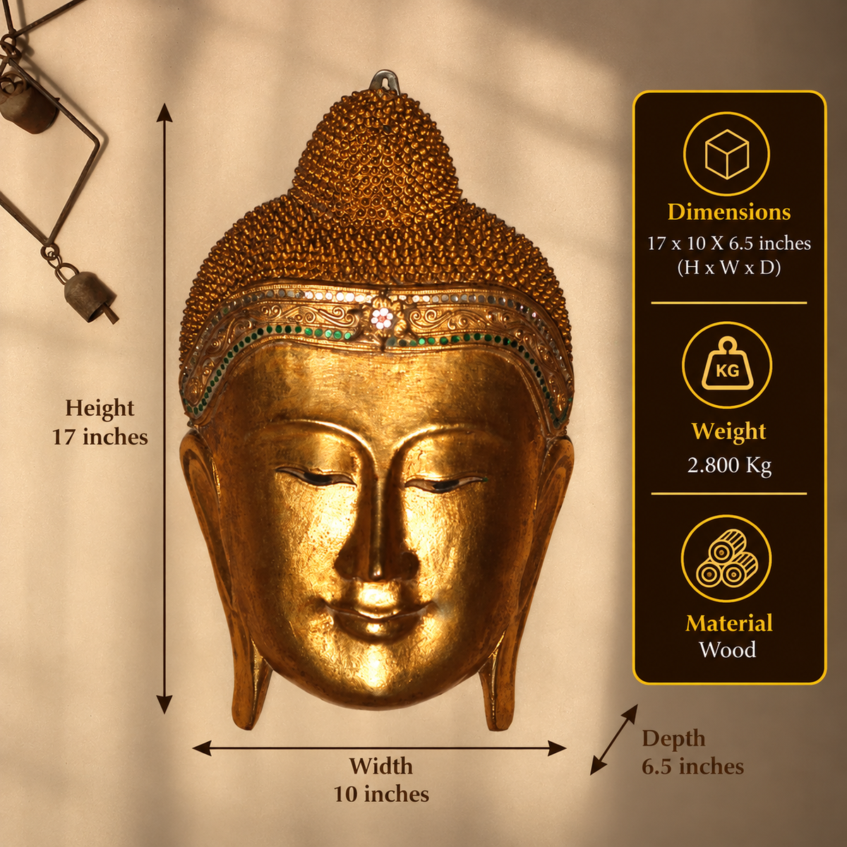 Wooden Buddha Face Mask 17"