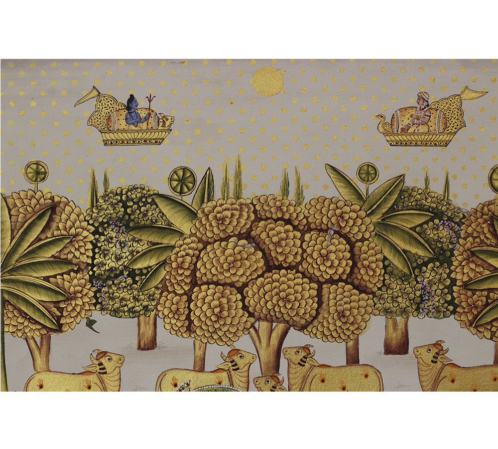 Shrinathji in Vrindavan with Sacred Cows Pichwai Painting – Handcrafted Gold Foil Artwork