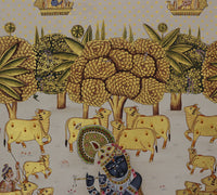 Shrinathji in Vrindavan with Sacred Cows Pichwai Painting – Handcrafted Gold Foil Artwork