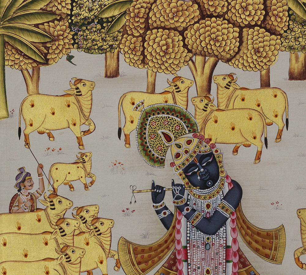 Shrinathji in Vrindavan with Sacred Cows Pichwai Painting – Handcrafted Gold Foil Artwork