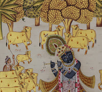 Shrinathji in Vrindavan with Sacred Cows Pichwai Painting – Handcrafted Gold Foil Artwork