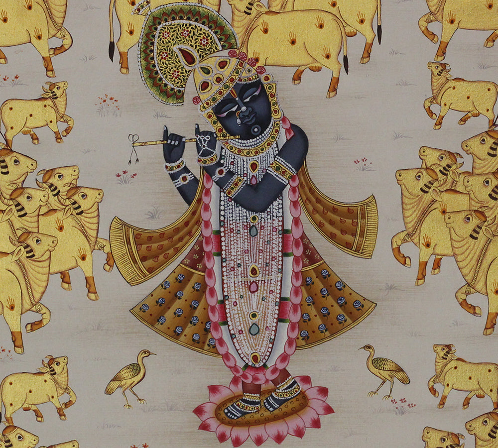 Shrinathji in Vrindavan with Sacred Cows Pichwai Painting – Handcrafted Gold Foil Artwork