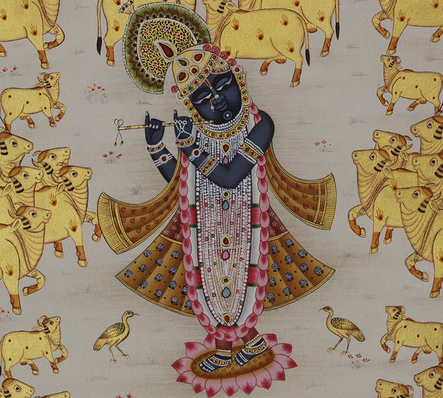 Shrinathji in Vrindavan with Sacred Cows Pichwai Painting – Handcrafted Gold Foil Artwork