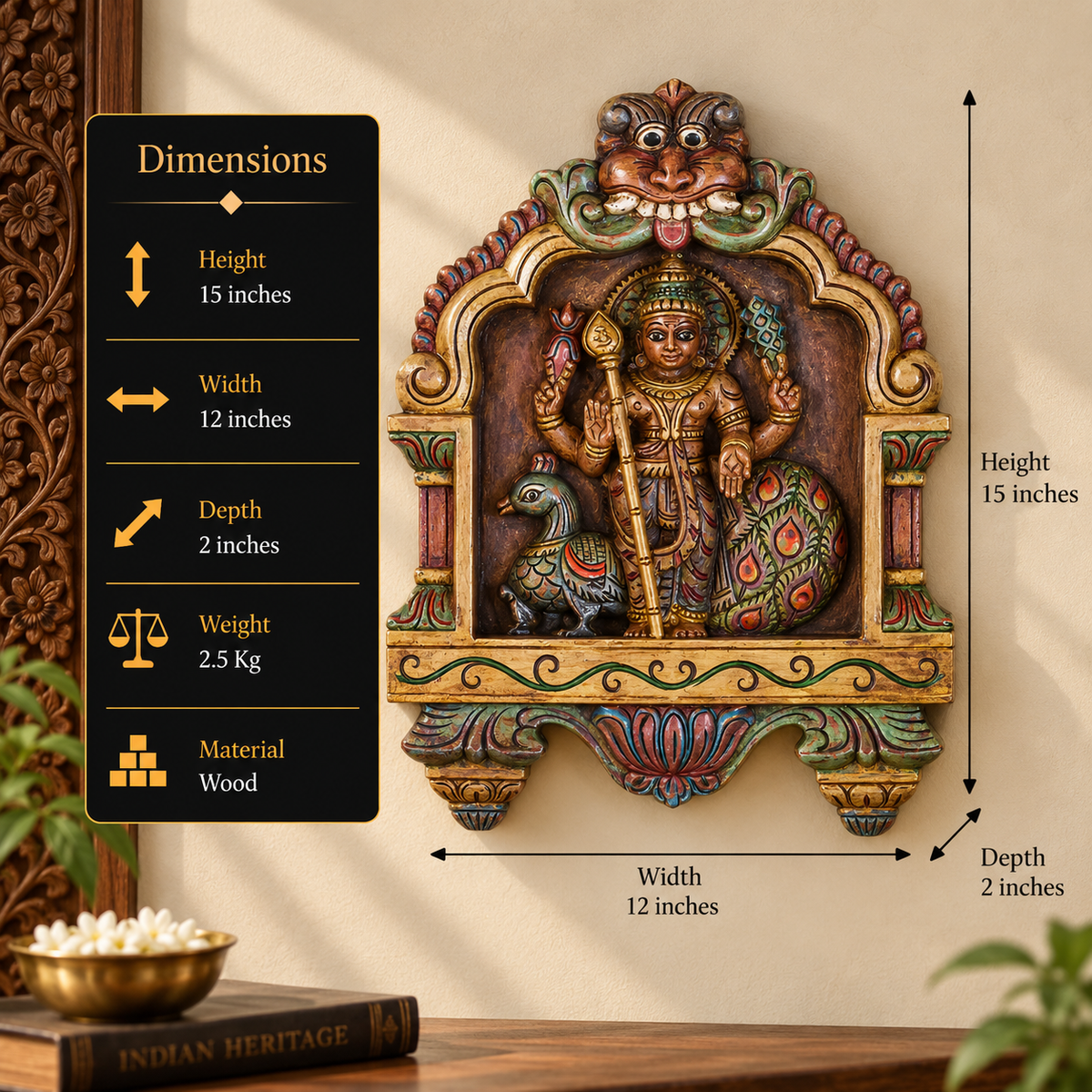 Wooden Kavadi Framed Lord Murugan /Kartikaye Wall Hanging