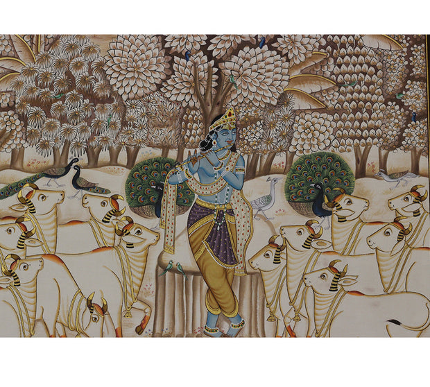 Krishna with Sacred Cows in Vrindavan Pichwai Painting