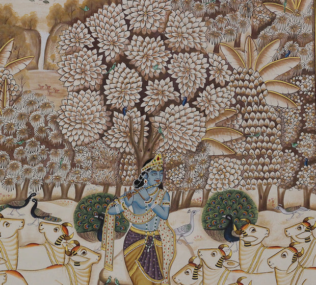 Krishna with Sacred Cows in Vrindavan Pichwai Painting