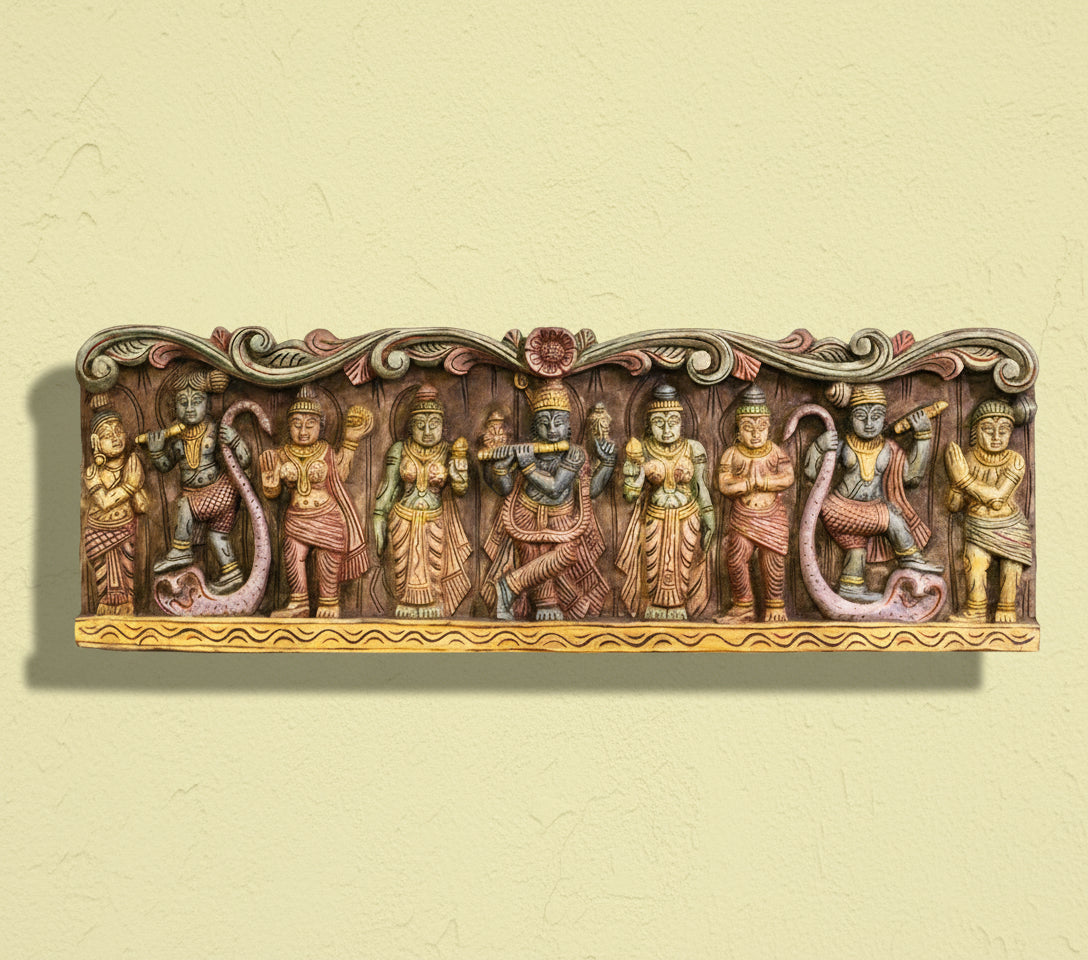 Handcrafted Wooden Krishna with Gopis Wall Panel | Traditional Krishna Wall Art
