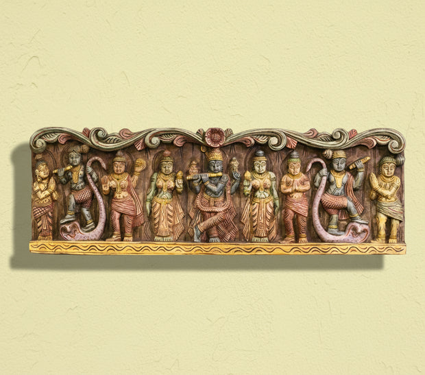 Handcrafted Wooden Krishna with Gopis Wall Panel | Traditional Krishna Wall Art