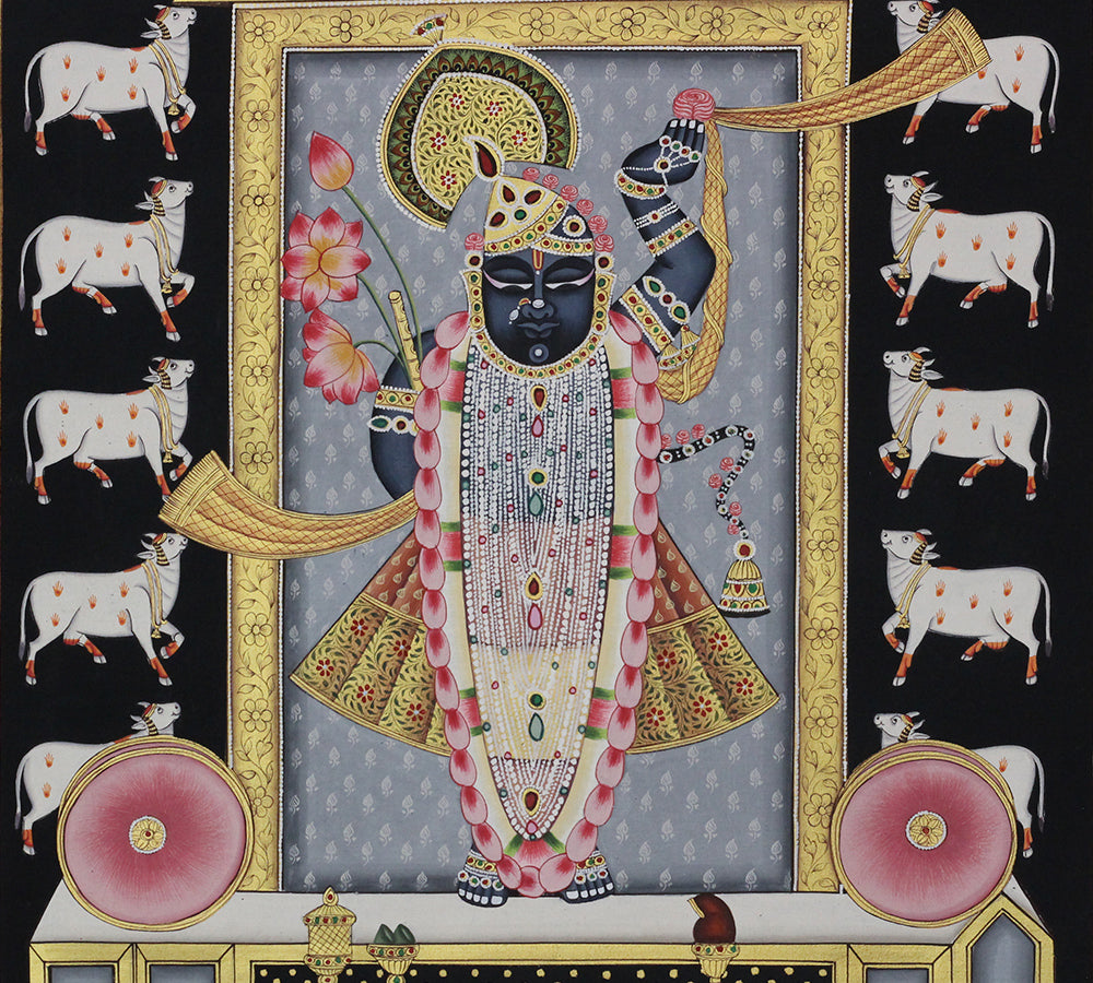 Shrinathji with Sacred Cows Pichwai Painting | Handcrafted Gold Foil Art