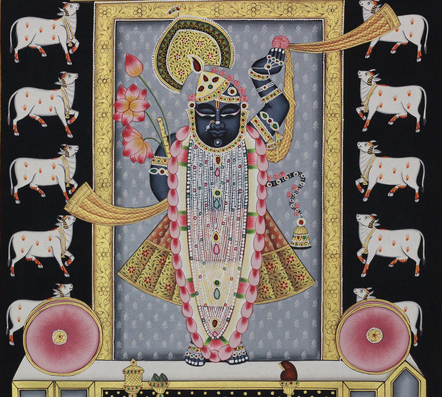 Shrinathji with Sacred Cows Pichwai Painting | Handcrafted Gold Foil Art