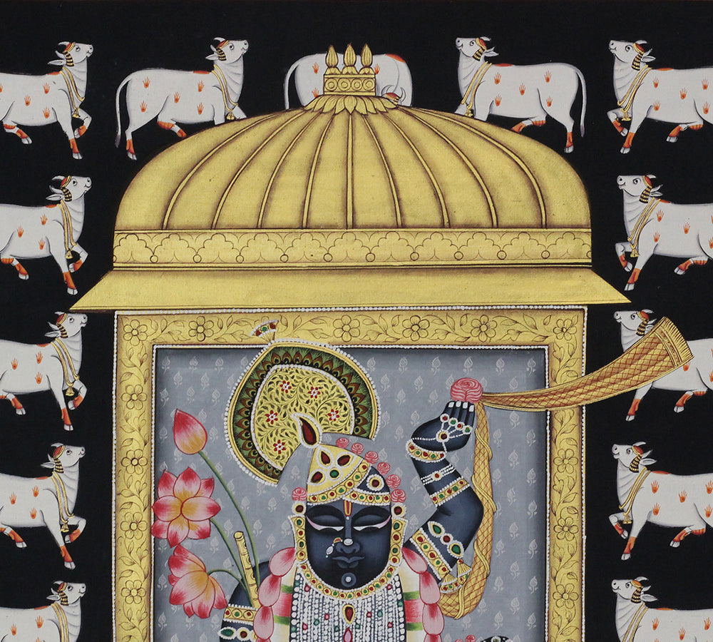 Shrinathji with Sacred Cows Pichwai Painting | Handcrafted Gold Foil Art