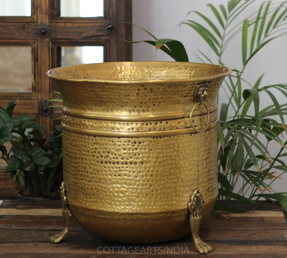 Handcrafted Hammered Brass Planter with Lion Ring Handles 13"