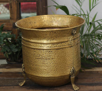 Handcrafted Hammered Brass Planter with Lion Ring Handles 13"