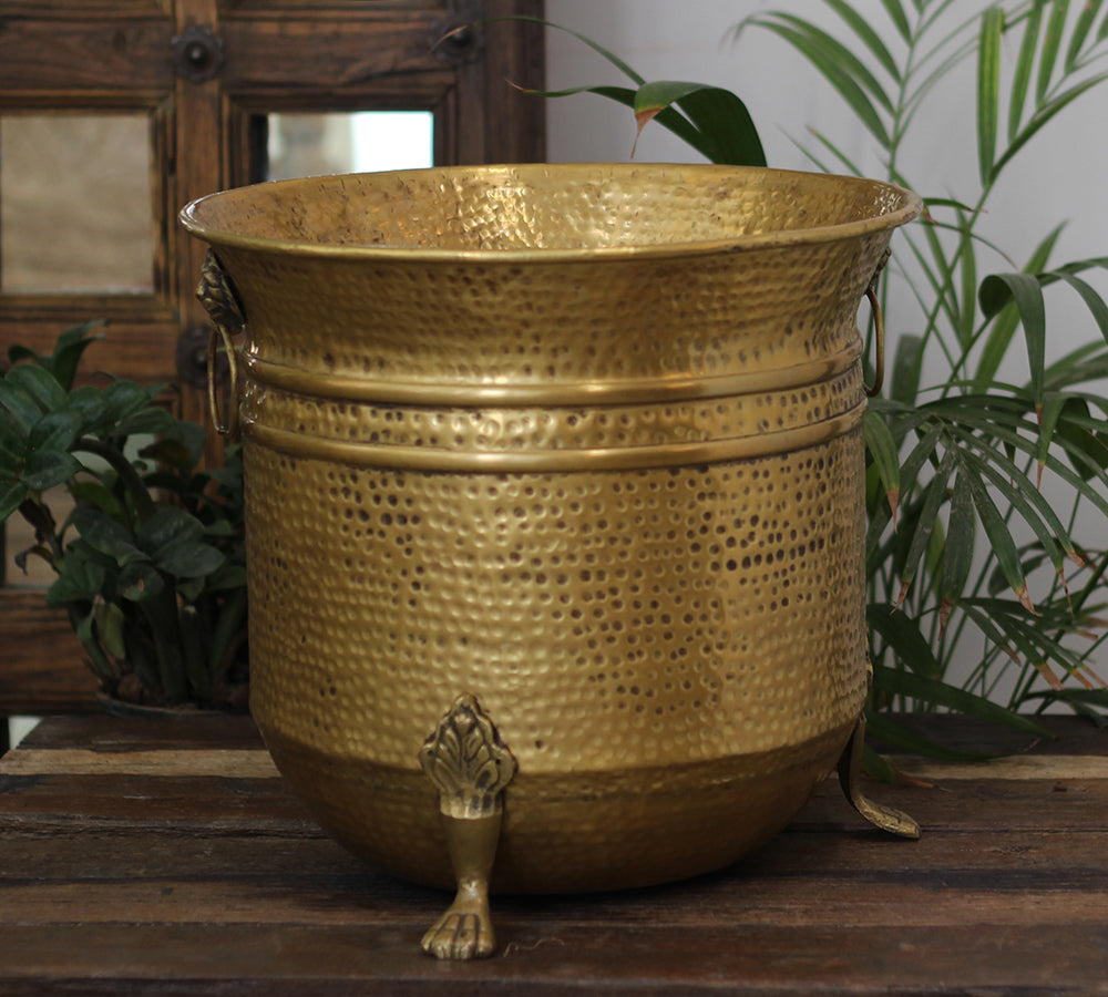 Handcrafted Hammered Brass Planter with Lion Ring Handles 13"